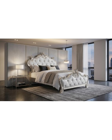 Beatrice Baroque Queen Size Bed with Silver Leaf Wood and White Eco-Leather, Customizable