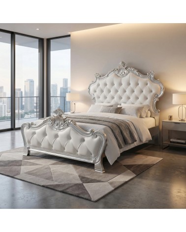 Letto Piazza e Mezza Barocco contenitore legno foglia argento ecopelle bianca personalizzabile Beatrice