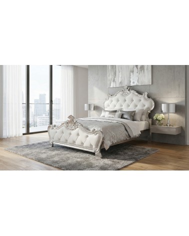 Beatrice Baroque Queen Size Bed with Silver Leaf Wood and White Eco-Leather, Customizable