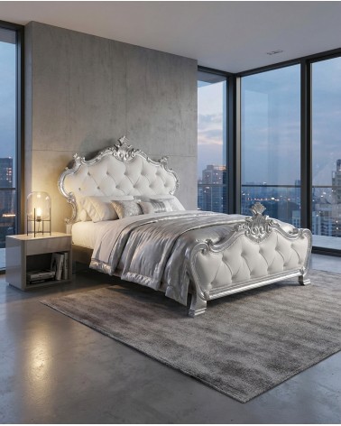 Letto Piazza e Mezza Barocco contenitore legno foglia argento ecopelle bianca personalizzabile Beatrice