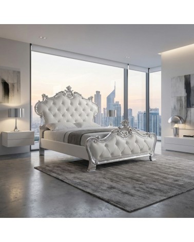 Letto Piazza e Mezza Barocco contenitore legno foglia argento ecopelle bianca personalizzabile Beatrice
