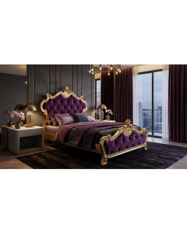 Beatrice Baroque Double Bed with Wooden Storage, Gold Leaf and Purple Velvet, Customizable