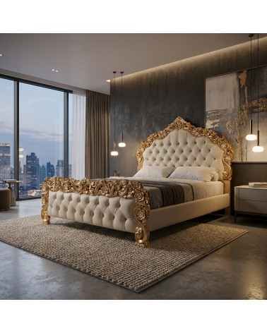 King size double bed with storage compartment, eco-leather or velvet, Baroque wood, gold and silver, any color, PILISSENA