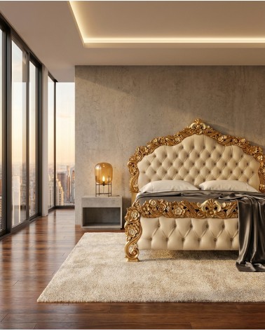 Kingsize-Doppelbett mit Staufach, Öko-Leder oder Samt, Barockholz, Gold und Silber, jede Farbe, PILISSENA