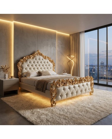 King size double bed with storage compartment, eco-leather or velvet, Baroque wood, gold and silver, any color, PILISSENA