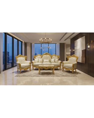 Barockes Wohnzimmer Deutschland Blattgold mit Capitonné 3-Sitzer-Sofa 2 Sessel Marmor-Couchtisch AL1242