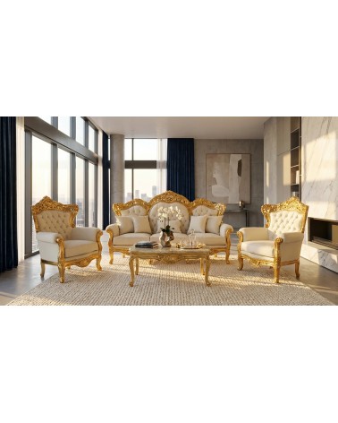 Barockes Wohnzimmer Deutschland Blattgold mit Capitonné 3-Sitzer-Sofa 2 Sessel Marmor-Couchtisch AL1242