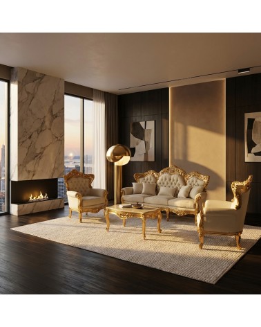 Barockes Wohnzimmer Deutschland Blattgold mit Capitonné 3-Sitzer-Sofa 2 Sessel Marmor-Couchtisch AL1242