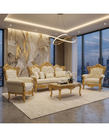 Barockes Wohnzimmer Deutschland Blattgold mit Capitonné 3-Sitzer-Sofa 2 Sessel Marmor-Couchtisch AL1242