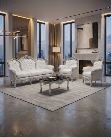 Barockes Wohnzimmer Deutschland Silberblatt Capitonné 3-Sitzer-Sofa 2 Sessel Marmor-Couchtisch AL1242