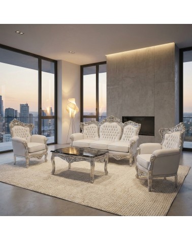 Baroque Living Room Germany Silver Leaf Capitonné 3 Seater Sofa 2 Armchairs Marble Coffee Table AL1242