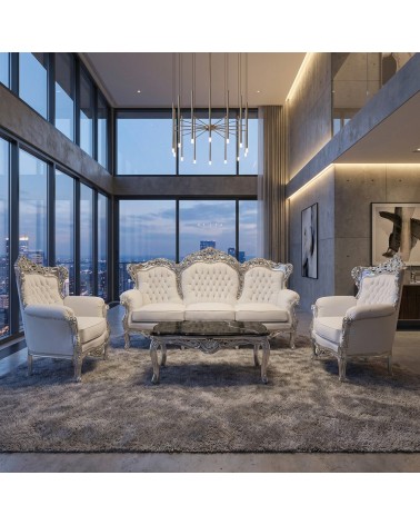 Baroque Living Room Germany Silver Leaf Capitonné 3 Seater Sofa 2 Armchairs Marble Coffee Table AL1242