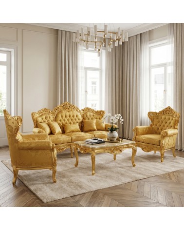 Barockes Wohnzimmer Deutschland Blattgold mit Capitonné 3-Sitzer-Sofa 2 Sessel Marmor-Couchtisch AL1242