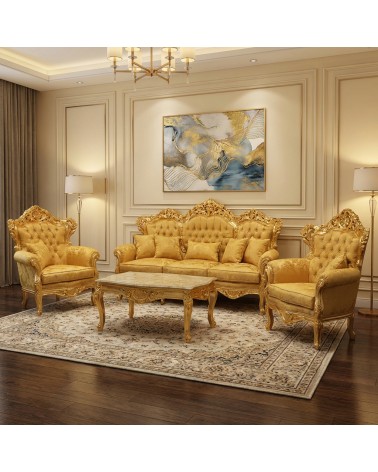 Baroque Living Room Germany Gold Leaf with Capitonné 3 Seater Sofa 2 Armchairs Marble Coffee Table AL1242