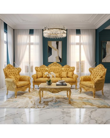 Barockes Wohnzimmer Deutschland Blattgold mit Capitonné 3-Sitzer-Sofa 2 Sessel Marmor-Couchtisch AL1242