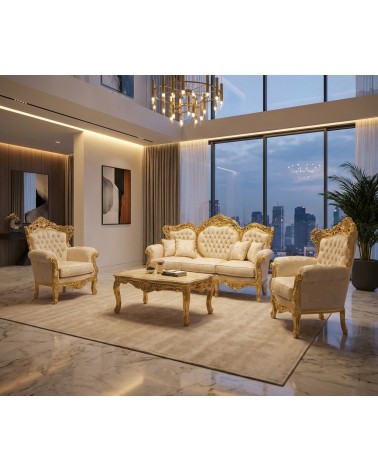 Baroque Living Room Germany Gold Leaf with Capitonné 3 Seater Sofa 2 Armchairs Marble Coffee Table AL1242