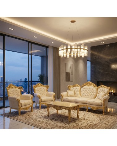 Barockes Wohnzimmer Deutschland Blattgold mit Capitonné 3-Sitzer-Sofa 2 Sessel Marmor-Couchtisch AL1242