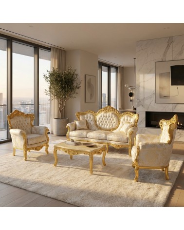 Barockes Wohnzimmer Deutschland Blattgold mit Capitonné 3-Sitzer-Sofa 2 Sessel Marmor-Couchtisch AL1242