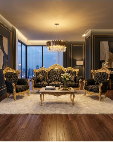 Barockes Wohnzimmer Deutschland Blattgold mit Capitonné 3-Sitzer-Sofa 2 Sessel Marmor-Couchtisch AL1242