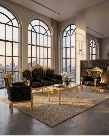Barockes Wohnzimmer Deutschland Blattgold mit Capitonné 3-Sitzer-Sofa 2 Sessel Marmor-Couchtisch AL1242