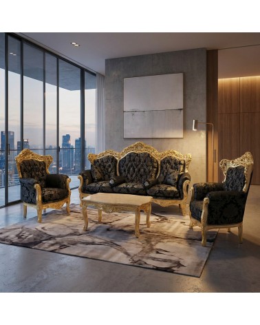 Salotto Barocco Germany Foglia Oro con Capitonné Divano 3 Posti 2 Poltrone Tavolino Marmo AL1242