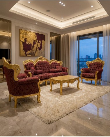 Barockes Wohnzimmer Deutschland Blattgold mit Capitonné 3-Sitzer-Sofa 2 Sessel Marmor-Couchtisch AL1242