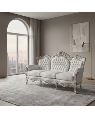 Germany Baroque 3-Seater Sofa in Silver Leaf Wood and White Faux Leather, Customizable MA0508