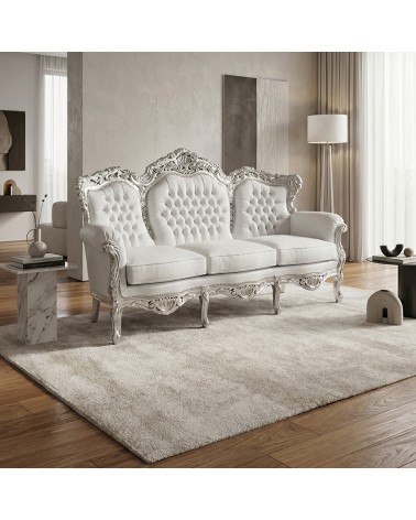 Germany Baroque 3-Seater Sofa in Silver Leaf Wood and White Faux Leather, Customizable MA0508