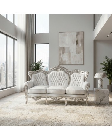 Germany Baroque 3-Seater Sofa in Silver Leaf Wood and White Faux Leather, Customizable MA0508
