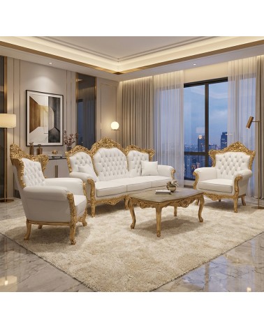 Barockes Wohnzimmer Gold Deutschland 3-Sitzer-Sofa 2 Sessel mit Couchtisch Marmor Weiß Kunstleder AL1242