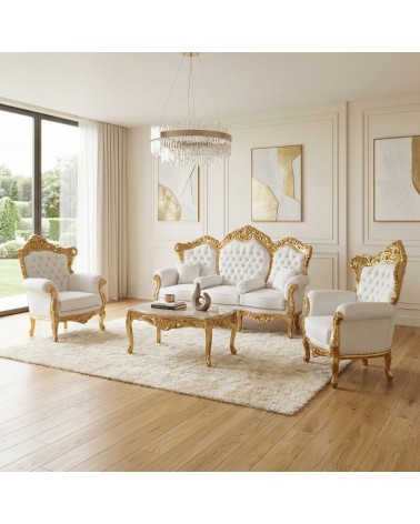 Barockes Wohnzimmer Gold Deutschland 3-Sitzer-Sofa 2 Sessel mit Couchtisch Marmor Weiß Kunstleder AL1242