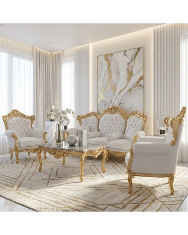 Barockes Wohnzimmer Gold Deutschland 3-Sitzer-Sofa 2 Sessel mit Couchtisch Marmor Weiß Kunstleder AL1242