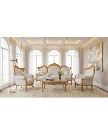 Barockes Wohnzimmer Gold Deutschland 3-Sitzer-Sofa 2 Sessel mit Couchtisch Marmor Weiß Kunstleder AL1242