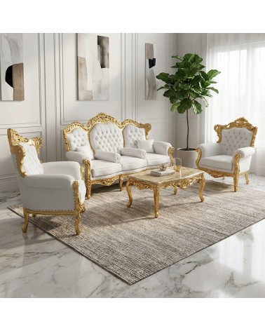 Barockes Wohnzimmer Gold Deutschland 3-Sitzer-Sofa 2 Sessel mit Couchtisch Marmor Weiß Kunstleder AL1242