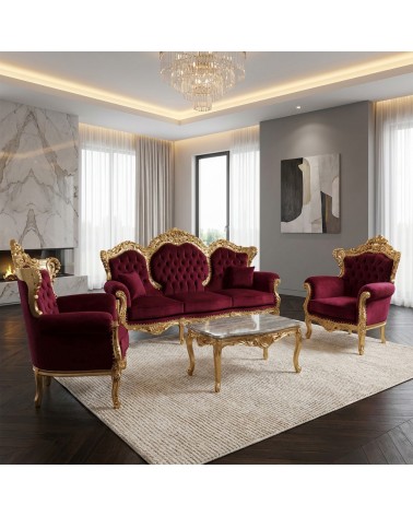 Barockes Wohnzimmer Deutschland Blattgold Bordeaux Samt 3-Sitzer Sofa 2 Sessel Couchtisch Luxus AL1242
