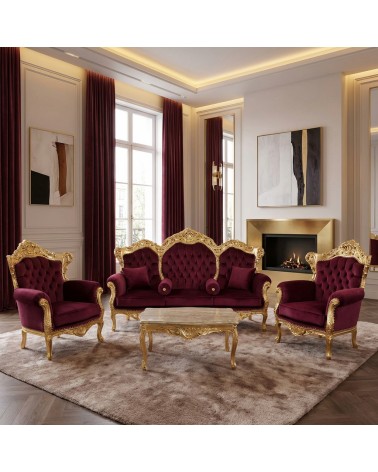 Barockes Wohnzimmer Deutschland Blattgold Bordeaux Samt 3-Sitzer Sofa 2 Sessel Couchtisch Luxus AL1242