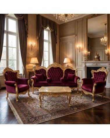 Barockes Wohnzimmer Deutschland Blattgold Bordeaux Samt 3-Sitzer Sofa 2 Sessel Couchtisch Luxus AL1242