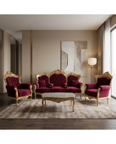 Barockes Wohnzimmer Deutschland Blattgold Bordeaux Samt 3-Sitzer Sofa 2 Sessel Couchtisch Luxus AL1242