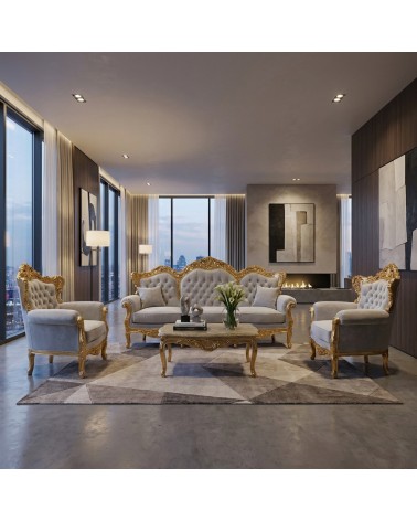 Barockes Wohnzimmer Deutschland Blattgold 3-Sitzer Sofa 2 Sessel mit Marmor Capitonné Couchtisch AL1242