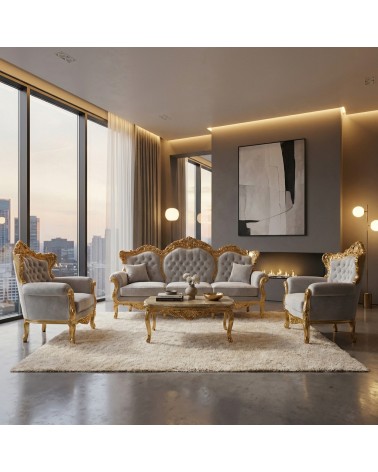Barockes Wohnzimmer Deutschland Blattgold 3-Sitzer Sofa 2 Sessel mit Marmor Capitonné Couchtisch AL1242