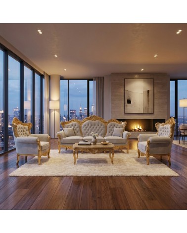 Barockes Wohnzimmer Deutschland Blattgold 3-Sitzer Sofa 2 Sessel mit Marmor Capitonné Couchtisch AL1242