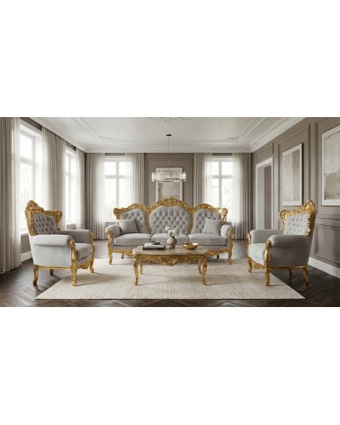 Baroque Living Room Germany Gold Leaf 3 Seater Sofa 2 Armchairs with Marble Capitonné Coffee Table AL1242