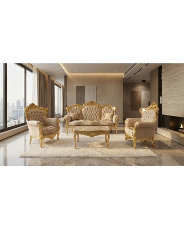 Salotto Barocco Germany AL1242 Foglia Oro con Capitonné Divano 3 Posti 2 Poltrone Tavolino Coordinato Personalizzabile AL1242
