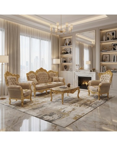 Baroque Living Room Germany AL1242 Gold Leaf with Capitonné 3 Seater Sofa 2 Armchairs Matching Coffee Table Customizable AL1242