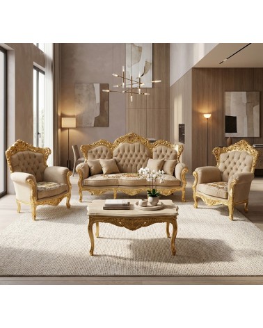 Baroque Living Room Germany AL1242 Gold Leaf with Capitonné 3 Seater Sofa 2 Armchairs Matching Coffee Table Customizable AL1242