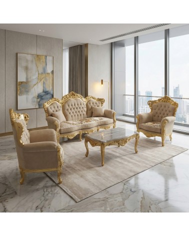 Baroque Living Room Germany AL1242 Gold Leaf with Capitonné 3 Seater Sofa 2 Armchairs Matching Coffee Table Customizable AL1242