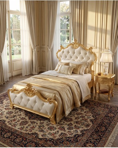 Barockes Einzelbettgestell aus Holz, Blattgold oder Blattsilber, Kunstleder oder Samt in jeder Farbe, Beatrice