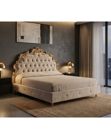 Letto Matrimoniale Barocco Samira con Contenitore in Legno Foglia Oro o Argento Ecopelle Velluto Swarovski Personalizzabile