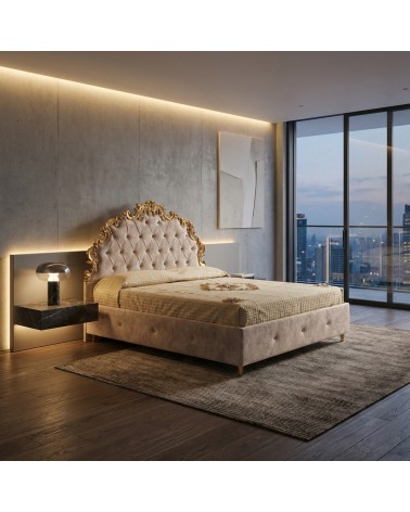 Letto Matrimoniale Barocco Samira con Contenitore in Legno Foglia Oro o Argento Ecopelle Velluto Swarovski Personalizzabile