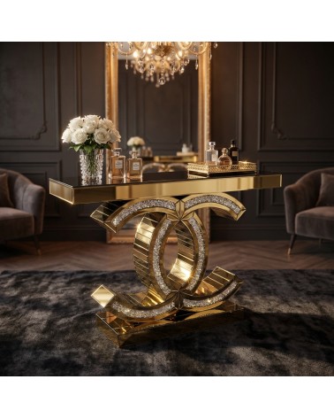 Consolle Oro Specchiata con Cristalli Swarovski Incastonati – Mobile Ingresso Moderno di Lusso F21876